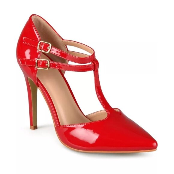 Red Journee Pointed Toe T-Strap Sz 8 Pumps With Double Buckle Strap Women's High - Picture 1 of 6